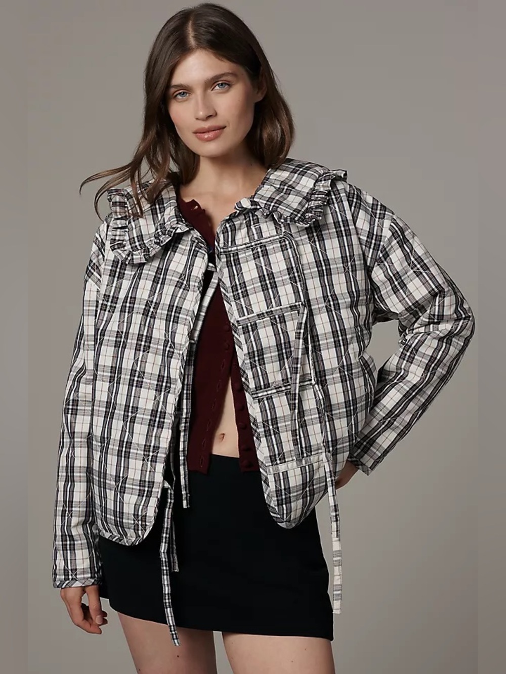 Anthropologie Maeve Hazel Quilted Plaid Jacket S Ruffle Collar Cottagecore Bow